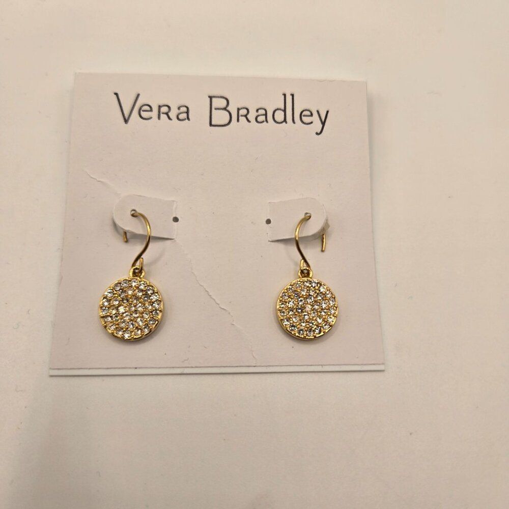 Vera Bradley Gold Tone Pave Disc Drop Earrings Clear Crystals